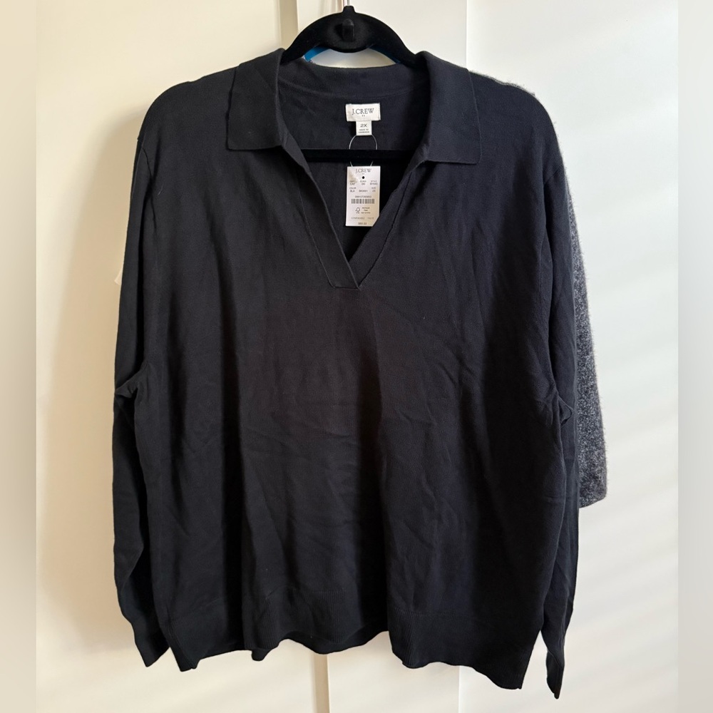 J. Crew Factory Black Popover Soft Polo Knit Spread Collar Preppy Long Slv NWT - Picture 2 of 6